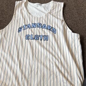 Standard Cloth Striped Sleeveless Top with Blue Lettering